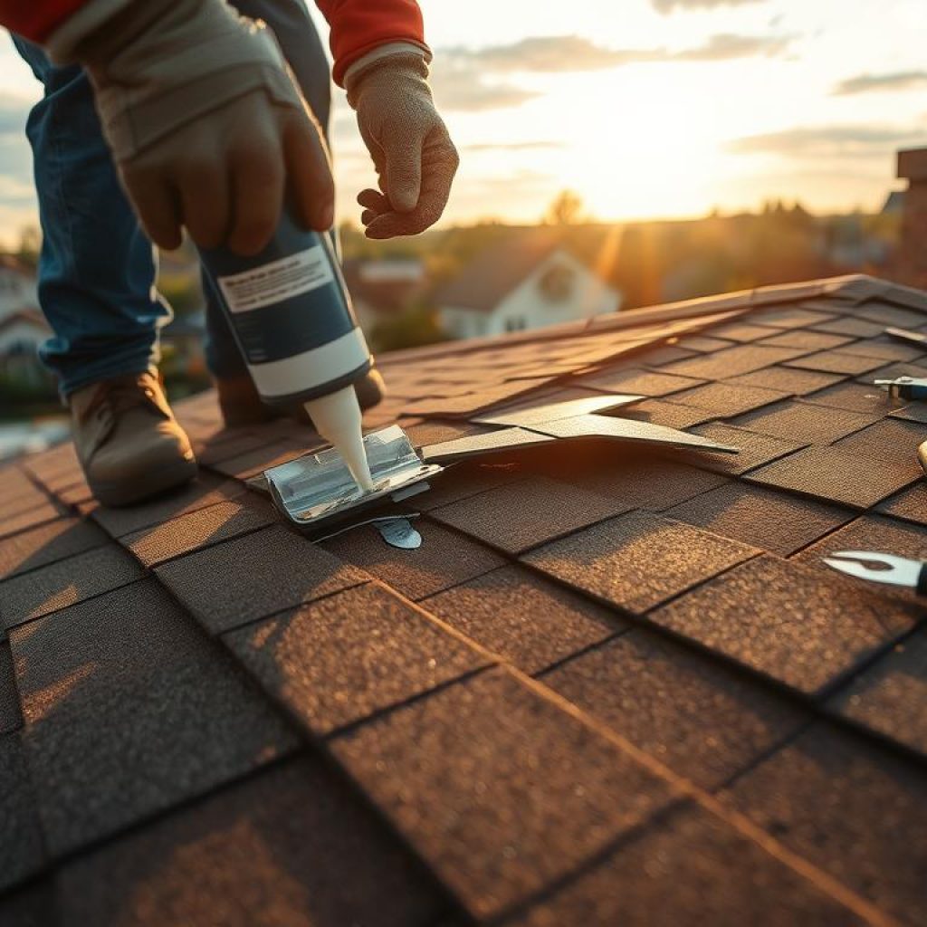A well-lit, close-up image of a DIY roof repair process in Dublin, OH. The foreground shows a roofer's hands meticulously applying sealant to repair a damaged shingle. The middle ground features the partially repaired roof section, with various tools and materials neatly organized nearby. The background depicts a suburban neighborhood skyline, with the sun casting warm, golden hues across the scene. The overall mood is one of focused expertise and attention to detail, capturing the step-by-step techniques of a successful DIY roof repair project in Dublin, OH.