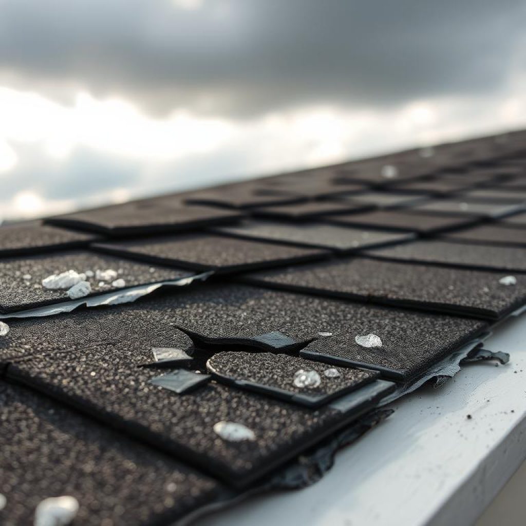 A close-up view of a damaged asphalt roof shingle, showcasing the distinct indentations and dents caused by hailstones. The shingle is positioned in the foreground, with a soft, diffused lighting that accentuates the textural details. The mid-ground features a broader perspective of the roof, revealing a pattern of similar hail-induced damage across multiple shingles. In the background, a cloudy sky with a hint of sunlight breaking through, suggesting the recent occurrence of a hailstorm. The overall composition and lighting evoke a sense of realistic documentation, guiding the viewer to clearly identify the visual cues of hail damage on a residential rooftop.