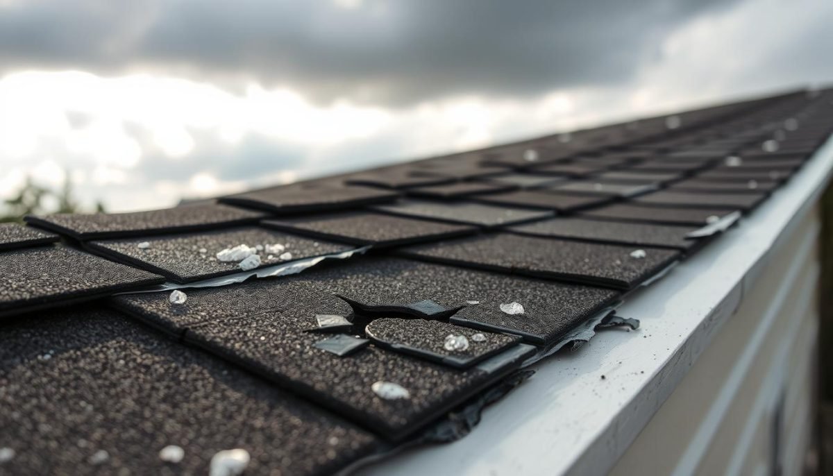 A close-up view of a damaged asphalt roof shingle, showcasing the distinct indentations and dents caused by hailstones. The shingle is positioned in the foreground, with a soft, diffused lighting that accentuates the textural details. The mid-ground features a broader perspective of the roof, revealing a pattern of similar hail-induced damage across multiple shingles. In the background, a cloudy sky with a hint of sunlight breaking through, suggesting the recent occurrence of a hailstorm. The overall composition and lighting evoke a sense of realistic documentation, guiding the viewer to clearly identify the visual cues of hail damage on a residential rooftop.