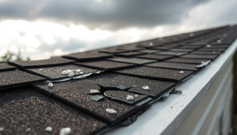 A close-up view of a damaged asphalt roof shingle, showcasing the distinct indentations and dents caused by hailstones. The shingle is positioned in the foreground, with a soft, diffused lighting that accentuates the textural details. The mid-ground features a broader perspective of the roof, revealing a pattern of similar hail-induced damage across multiple shingles. In the background, a cloudy sky with a hint of sunlight breaking through, suggesting the recent occurrence of a hailstorm. The overall composition and lighting evoke a sense of realistic documentation, guiding the viewer to clearly identify the visual cues of hail damage on a residential rooftop.