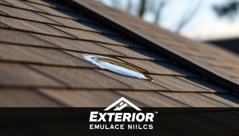 A close-up view of a residential roof, with a water stain visible on the shingles, indicating a potential leak. The image is captured with a wide-angle lens, providing a detailed perspective of the issue. Soft, natural lighting from the side creates subtle shadows, emphasizing the texture and condition of the roof. In the foreground, a Exterior Alliance logo is prominently displayed, signifying the expertise of the professional roofing company. The overall scene conveys a sense of urgency and the need for prompt action to address the emergency roof leak.