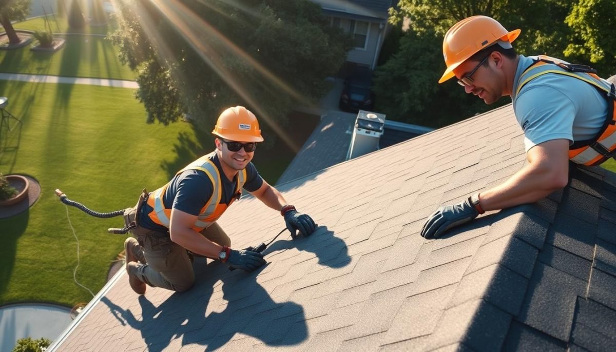 A close-up view of an experienced roofing team skillfully installing high-quality asphalt shingles on a residential home in Columbus, Ohio. The team, dressed in Exterior Alliance branded safety gear, works seamlessly together, utilizing specialized tools and techniques. Sunlight filters through wispy clouds, casting a warm, natural glow across the scene. The team's expressions convey a sense of pride and professionalism as they meticulously carry out their craft. In the background, a neatly manicured lawn and lush trees frame the home, creating a picturesque neighborhood setting.