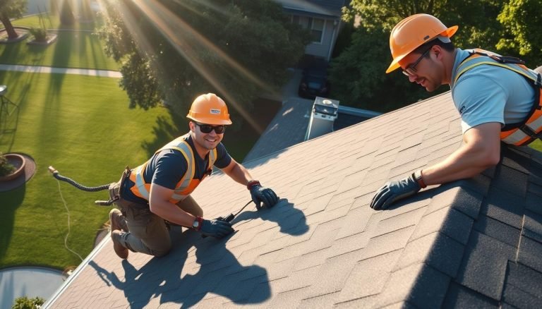 A close-up view of an experienced roofing team skillfully installing high-quality asphalt shingles on a residential home in Columbus, Ohio. The team, dressed in Exterior Alliance branded safety gear, works seamlessly together, utilizing specialized tools and techniques. Sunlight filters through wispy clouds, casting a warm, natural glow across the scene. The team's expressions convey a sense of pride and professionalism as they meticulously carry out their craft. In the background, a neatly manicured lawn and lush trees frame the home, creating a picturesque neighborhood setting.