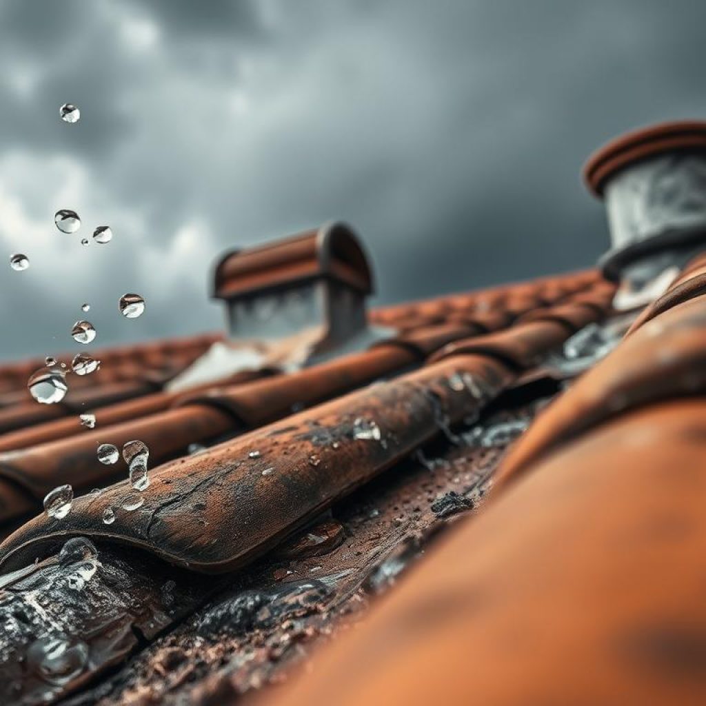 A detailed scene showcasing the causes of a leaking roof, captured with a wide-angle lens and natural lighting. In the foreground, water droplets visibly seep through cracked and weathered roof tiles, while the middle ground reveals a damaged roof flashing and missing sealant around a vent pipe. In the background, dark storm clouds loom ominously, hinting at the external forces contributing to the roof's deterioration. The overall tone is one of concern and urgency, emphasizing the need for prompt repair. Exterior Alliance logo discreetly placed in the lower right corner.