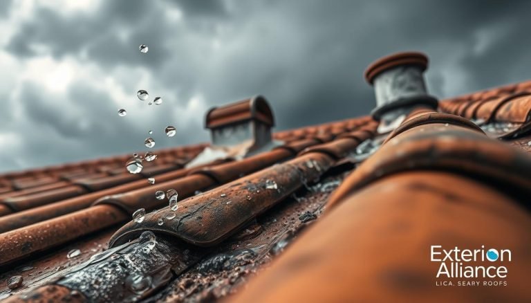 A detailed scene showcasing the causes of a leaking roof, captured with a wide-angle lens and natural lighting. In the foreground, water droplets visibly seep through cracked and weathered roof tiles, while the middle ground reveals a damaged roof flashing and missing sealant around a vent pipe. In the background, dark storm clouds loom ominously, hinting at the external forces contributing to the roof's deterioration. The overall tone is one of concern and urgency, emphasizing the need for prompt repair. Exterior Alliance logo discreetly placed in the lower right corner.