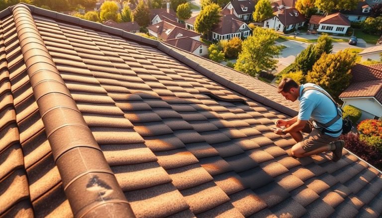 A neatly tiled roof in Columbus, OH, with a prominent leak visible, casting a dark stain on the shingles. The scene is illuminated by warm, natural lighting, casting gentle shadows. In the foreground, a skilled contractor from Exterior Alliance kneels, closely inspecting the damage, tools in hand, ready to diagnose and repair the issue. The middle ground showcases the roofing structure, with clean lines and precise craftsmanship. The background features a picturesque neighborhood, with lush greenery and charming homes, creating a sense of context and setting. The overall atmosphere conveys a sense of professionalism, care, and urgency in addressing the roof leak emergency.