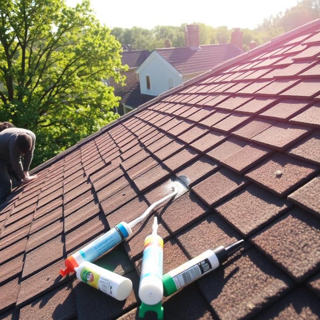 A neatly tiled roof in Columbus, Ohio, where sunlight filters through, casting soft shadows on the weathered shingles. In the foreground, a skilled Exterior Alliance technician carefully inspects the roofline, identifying the source of a subtle leak. The middle ground showcases the technician's tools, including sealants and repair materials, ready to address the issue efficiently. The background depicts the lush, verdant neighborhood, hinting at the importance of prompt and reliable roof leak repair services to maintain the integrity of these cherished homes.