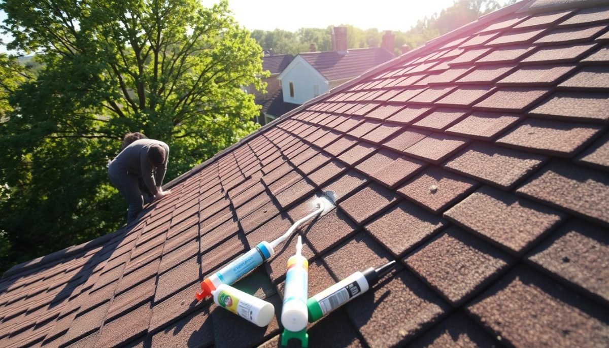 A neatly tiled roof in Columbus, Ohio, where sunlight filters through, casting soft shadows on the weathered shingles. In the foreground, a skilled Exterior Alliance technician carefully inspects the roofline, identifying the source of a subtle leak. The middle ground showcases the technician's tools, including sealants and repair materials, ready to address the issue efficiently. The background depicts the lush, verdant neighborhood, hinting at the importance of prompt and reliable roof leak repair services to maintain the integrity of these cherished homes.