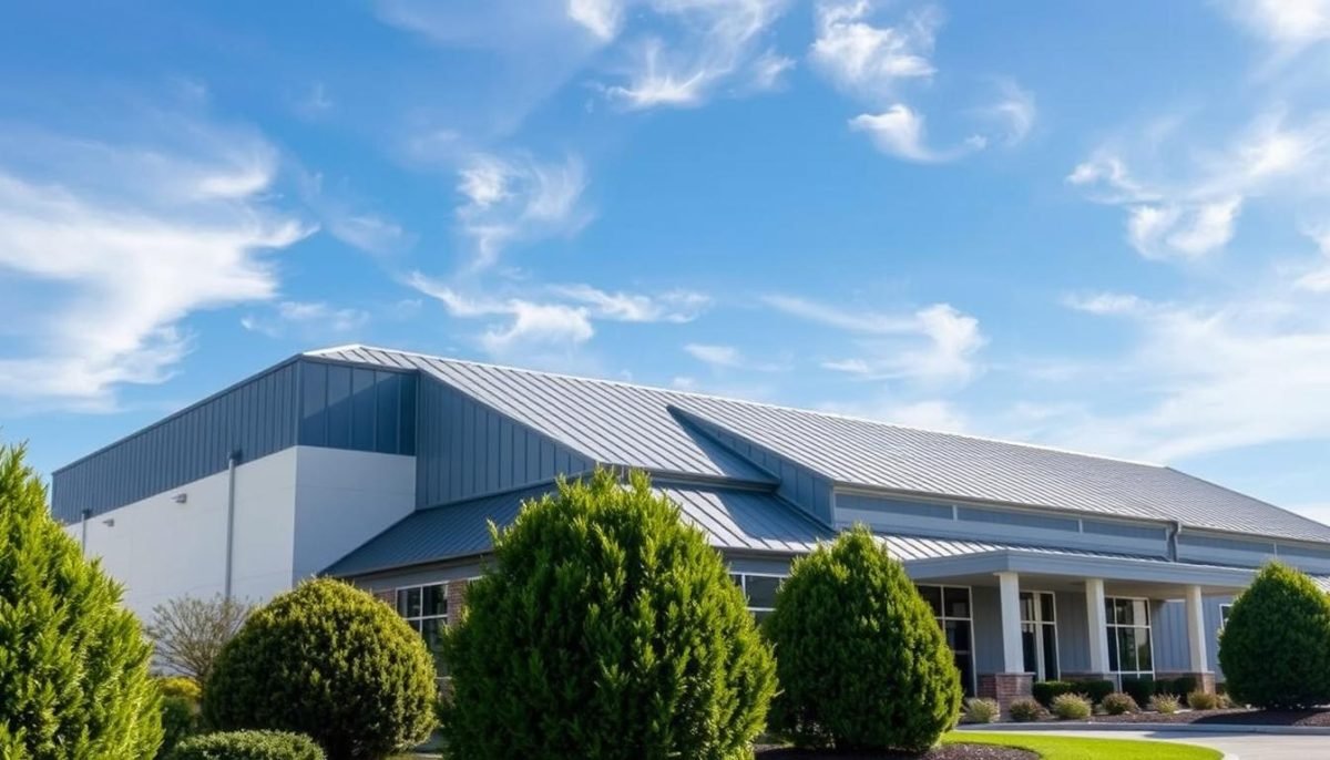 A photo of a large commercial building with a modern, sleek roofing system by Exterior Alliance. The building is set against a clear blue sky with wispy clouds. The roofing materials have a sophisticated, metallic sheen that reflects the sunlight. In the foreground, neatly trimmed bushes and well-manicured landscaping frame the structure, conveying a sense of professionalism and attention to detail. The image showcases Exterior Alliance's comprehensive roofing solutions, highlighting their ability to provide high-quality, customized roofing systems for commercial properties in Ohio.