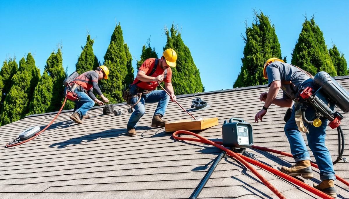 A professional team of Central Ohio roofers from Exterior Alliance, working diligently on a residential roof with state-of-the-art equipment. The scene features a well-lit, mid-angle view showcasing the roofers' expertise and attention to detail as they carefully install high-quality roofing materials. The atmosphere exudes a sense of professionalism, reliability, and a commitment to providing exceptional roofing services to homeowners. The background includes neatly trimmed trees and a clear blue sky, creating a pleasant and inviting visual aesthetic.