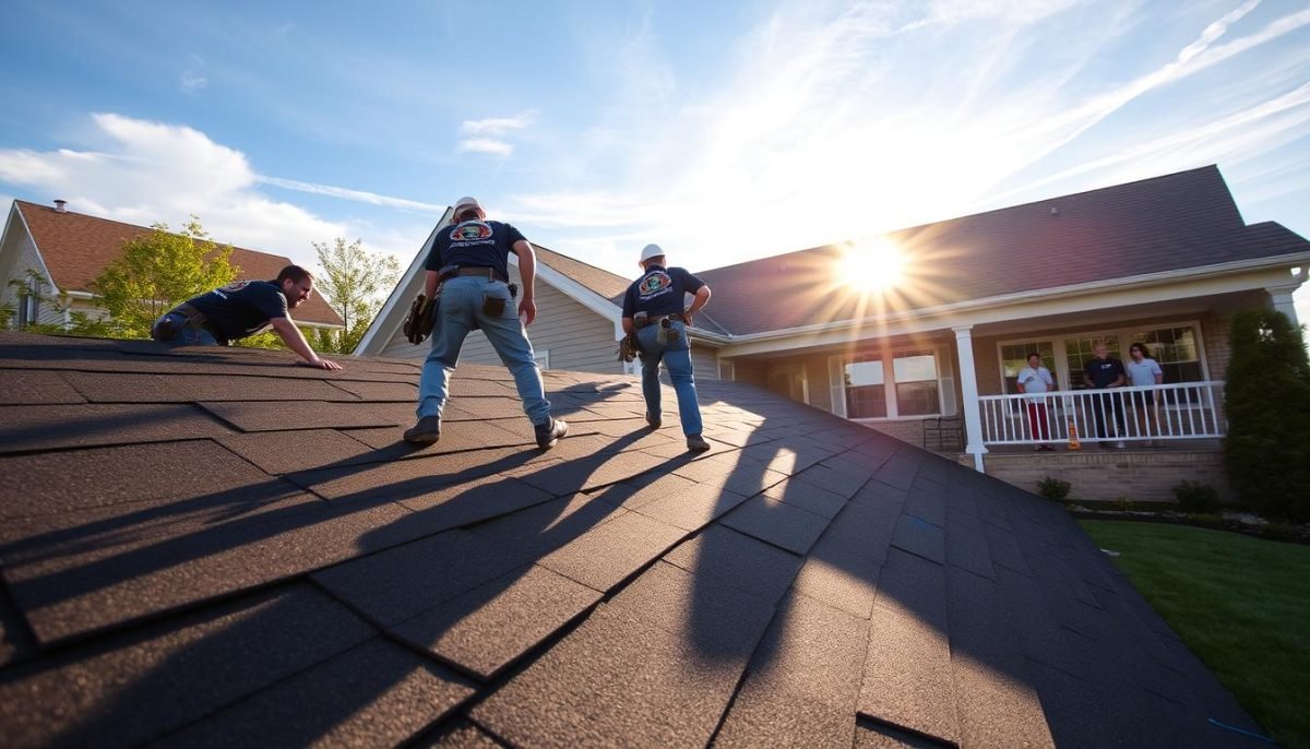 A residential roofing services crew hard at work on a Columbus home, the Exterior Alliance logo prominently displayed on their uniforms. The workers are carefully installing new asphalt shingles, their movements precise and coordinated. The afternoon sun casts long shadows across the neatly trimmed lawn, and a serene blue sky with wispy clouds provides the perfect backdrop. The homeowners watch approvingly from the front porch, confident in the expert craftsmanship of the Exterior Alliance team. The image conveys professionalism, attention to detail, and a commitment to high-quality residential roofing services in the Columbus area.