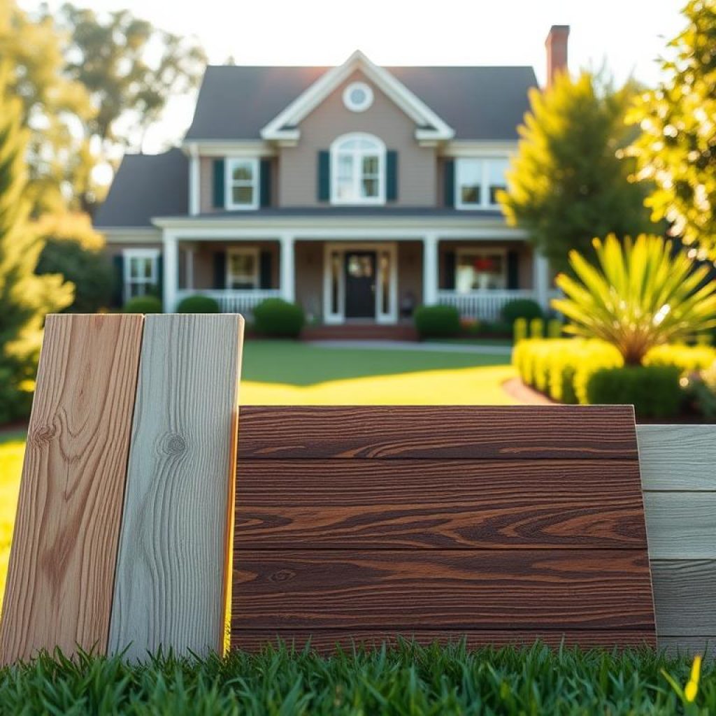 A serene outdoor setting showcasing an array of popular siding materials commonly used in Columbus, Ohio. In the foreground, expertly crafted sections of cedar, vinyl, and fiber cement siding stand proudly, their textures and colors meticulously depicted. The middle ground features a well-manicured lawn and lush shrubbery, creating a natural backdrop. In the distance, a stately home with the Exterior Alliance brand proudly displayed serves as the focal point, bathed in warm, diffused sunlight that casts gentle shadows. The overall composition conveys the durability, aesthetics, and versatility of these siding options, perfectly suited for the Columbus, Ohio region.