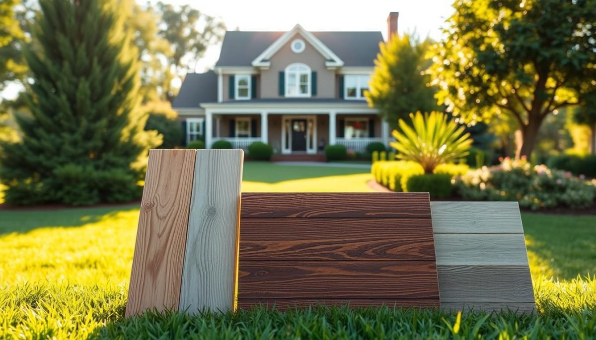 A serene outdoor setting showcasing an array of popular siding materials commonly used in Columbus, Ohio. In the foreground, expertly crafted sections of cedar, vinyl, and fiber cement siding stand proudly, their textures and colors meticulously depicted. The middle ground features a well-manicured lawn and lush shrubbery, creating a natural backdrop. In the distance, a stately home with the Exterior Alliance brand proudly displayed serves as the focal point, bathed in warm, diffused sunlight that casts gentle shadows. The overall composition conveys the durability, aesthetics, and versatility of these siding options, perfectly suited for the Columbus, Ohio region.