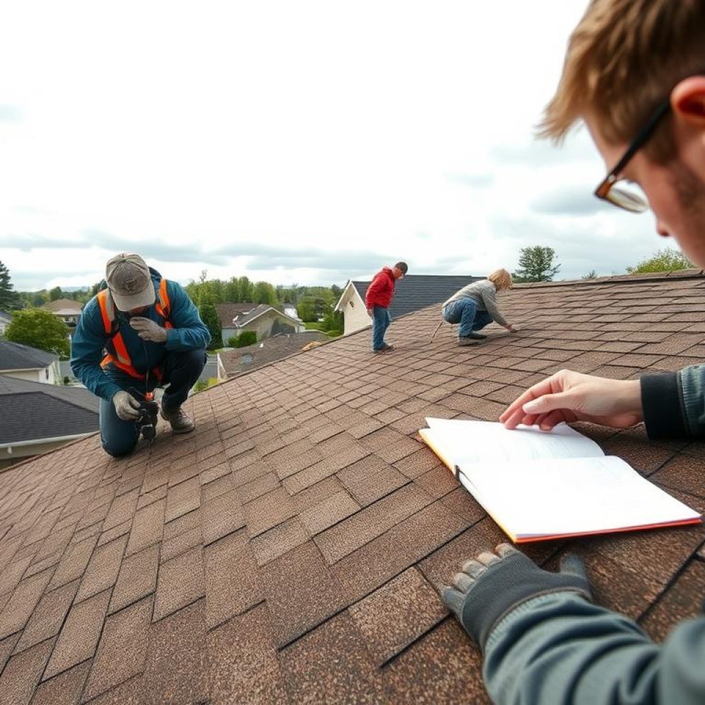 A serene rooftop scene under a bright, overcast sky. In the foreground, a skilled technician carefully inspects and documents hail damage on asphalt shingles, using a specialized tool. In the middle ground, workers meticulously remove and replace damaged shingles, ensuring a seamless and uniform appearance. In the background, a well-maintained residential neighborhood provides a tranquil backdrop, emphasizing the care and attention to detail in the hail damage restoration process. Warm, diffused lighting illuminates the scene, creating a sense of professionalism and expertise.