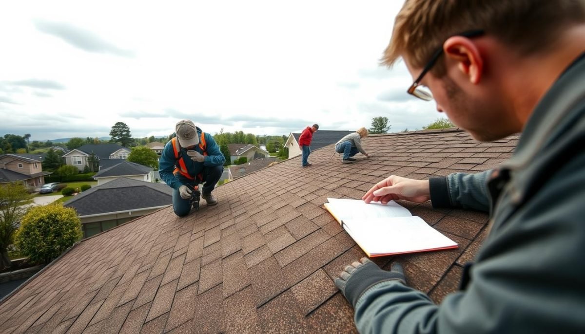 A serene rooftop scene under a bright, overcast sky. In the foreground, a skilled technician carefully inspects and documents hail damage on asphalt shingles, using a specialized tool. In the middle ground, workers meticulously remove and replace damaged shingles, ensuring a seamless and uniform appearance. In the background, a well-maintained residential neighborhood provides a tranquil backdrop, emphasizing the care and attention to detail in the hail damage restoration process. Warm, diffused lighting illuminates the scene, creating a sense of professionalism and expertise.