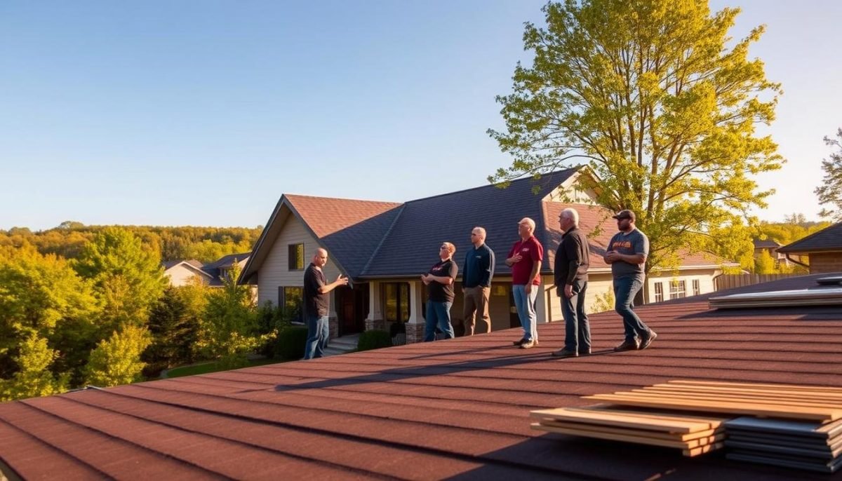 A sleek, modern home nestled in the charming neighborhood of Upper Arlington, OH, its roof gleaming under the warm, golden sunlight. In the foreground, a group of professional contractors from Exterior Alliance discuss their roofing expertise, gesturing toward the well-maintained structure. The middle ground showcases a neatly organized array of roofing materials, highlighting the attention to detail and quality craftsmanship. In the background, a picturesque landscape of lush, verdant trees and a clear, blue sky sets the scene, conveying a sense of tranquility and the perfect environment for a successful roofing project. The overall mood is one of professionalism, attention to detail, and a commitment to delivering exceptional roofing services to the residents of Upper Arlington, OH.