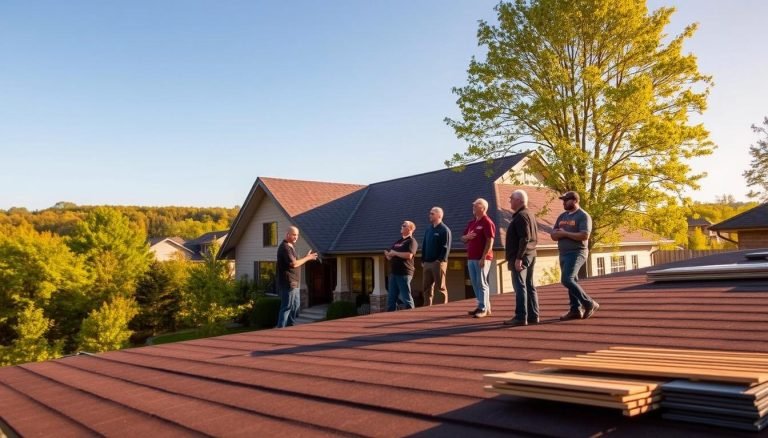 A sleek, modern home nestled in the charming neighborhood of Upper Arlington, OH, its roof gleaming under the warm, golden sunlight. In the foreground, a group of professional contractors from Exterior Alliance discuss their roofing expertise, gesturing toward the well-maintained structure. The middle ground showcases a neatly organized array of roofing materials, highlighting the attention to detail and quality craftsmanship. In the background, a picturesque landscape of lush, verdant trees and a clear, blue sky sets the scene, conveying a sense of tranquility and the perfect environment for a successful roofing project. The overall mood is one of professionalism, attention to detail, and a commitment to delivering exceptional roofing services to the residents of Upper Arlington, OH.