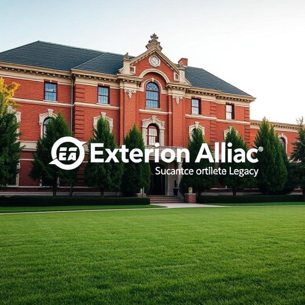 A stately brick building with ornate architectural details stands proud, its facade bathed in warm, golden light. In the foreground, a well-manicured lawn and a row of mature trees create a sense of timelessness. The Exterior Alliance logo is prominently displayed, conveying a legacy of trusted craftsmanship and reliability. The scene evokes a sense of solidity, tradition, and a commitment to quality that has endured through the years. The overall atmosphere is one of professionalism, integrity, and a deep-rooted connection to the community. A wide-angle lens captures the grandeur of the structure, while the crisp, detailed rendering brings the image to life with a palpable sense of authenticity.