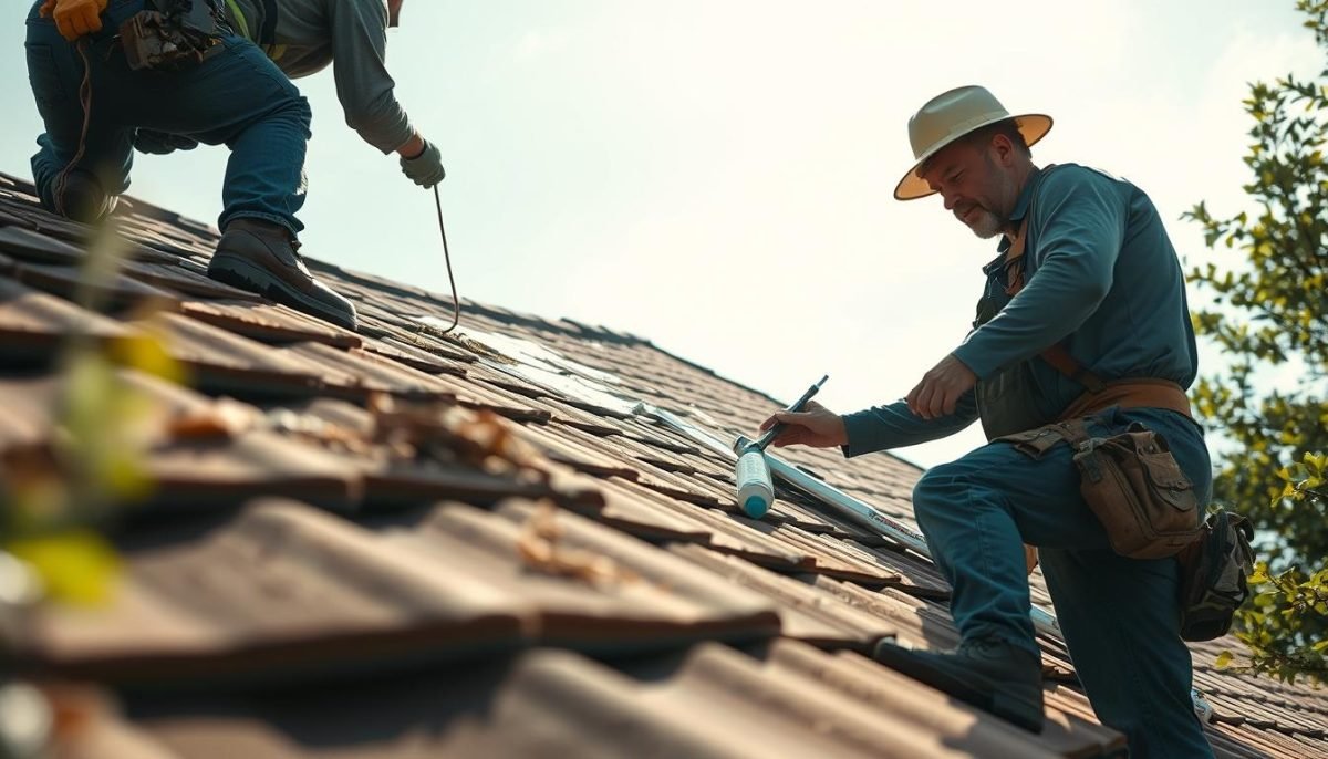 A well-lit, detailed image of a residential roof with a visible leak, showing a contractor from the Exterior Alliance company inspecting and repairing the damaged area. The scene takes place on a sunny day, with a clear sky in the background, and the camera positioned at a low angle to capture the workers' actions. The foreground showcases the roofing materials, tiles, and sealants used in the repair process, while the middle ground highlights the contractor's tools and equipment. The overall mood is one of a professional, competent, and efficient roof leak repair service.