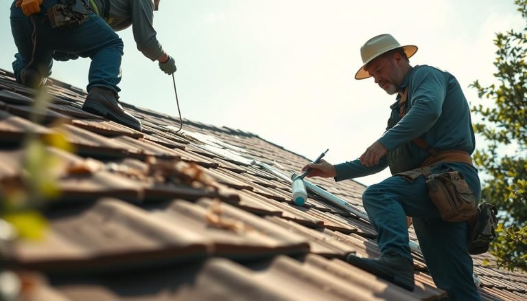 A well-lit, detailed image of a residential roof with a visible leak, showing a contractor from the Exterior Alliance company inspecting and repairing the damaged area. The scene takes place on a sunny day, with a clear sky in the background, and the camera positioned at a low angle to capture the workers' actions. The foreground showcases the roofing materials, tiles, and sealants used in the repair process, while the middle ground highlights the contractor's tools and equipment. The overall mood is one of a professional, competent, and efficient roof leak repair service.