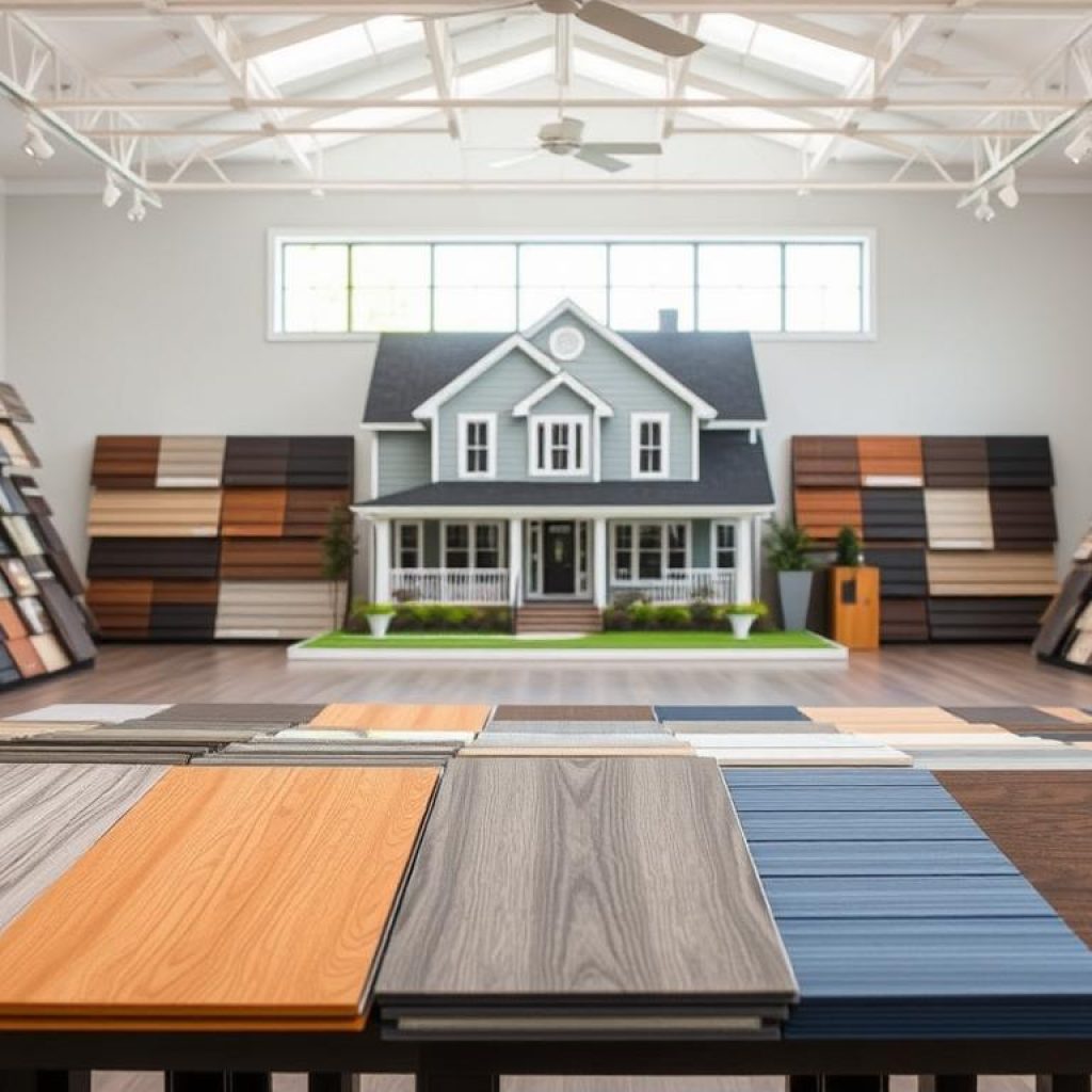 A well-lit, expansive room showcasing an array of siding options for a Columbus, Ohio home. In the foreground, a variety of Exterior Alliance siding samples are neatly displayed, each with distinct textures, colors, and finishes. The middle ground features a life-size mock-up of a home's exterior, allowing the viewer to visualize the siding options in context. The background is a bright, airy space with large windows, highlighting the natural light and creating a welcoming, warm atmosphere. The overall scene conveys a sense of thoughtful consideration, guiding the homeowner through the process of choosing the right siding for their Columbus residence.