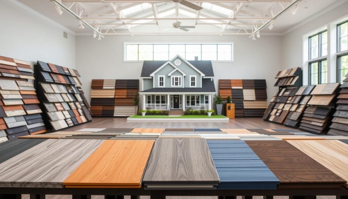 A well-lit, expansive room showcasing an array of siding options for a Columbus, Ohio home. In the foreground, a variety of Exterior Alliance siding samples are neatly displayed, each with distinct textures, colors, and finishes. The middle ground features a life-size mock-up of a home's exterior, allowing the viewer to visualize the siding options in context. The background is a bright, airy space with large windows, highlighting the natural light and creating a welcoming, warm atmosphere. The overall scene conveys a sense of thoughtful consideration, guiding the homeowner through the process of choosing the right siding for their Columbus residence.