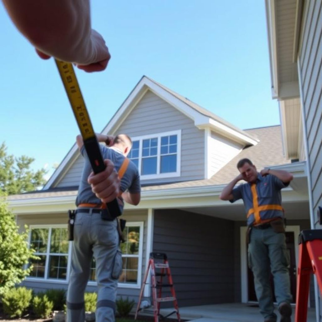 A well-lit, high-resolution, 4K photograph of professional siding installation by Exterior Alliance in Columbus, Ohio. The scene depicts a team of skilled technicians carefully measuring, cutting, and installing durable vinyl siding panels on the exterior of a modern suburban home. The foreground shows the workers' hands and tools, while the middle ground showcases the seamless integration of the new siding with the home's existing architecture. The background features a clear, blue sky and lush, green landscaping, creating a picturesque, peaceful setting. The overall composition conveys the expertise, precision, and attention to detail required for a successful siding project.