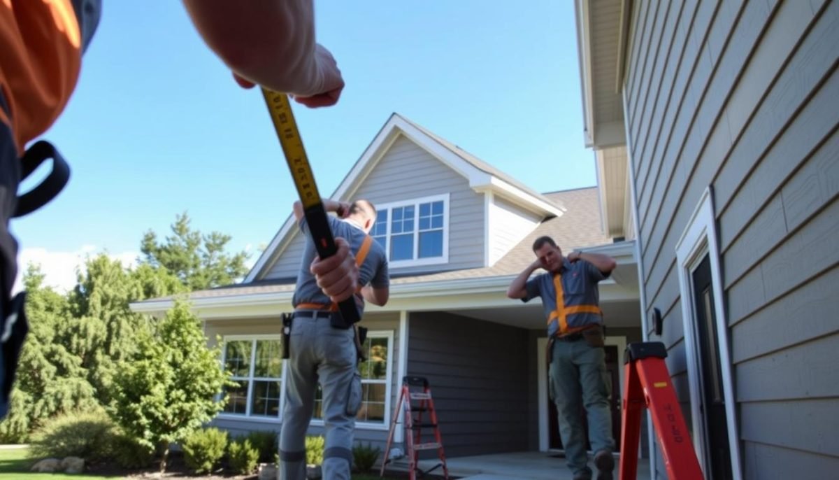 A well-lit, high-resolution, 4K photograph of professional siding installation by Exterior Alliance in Columbus, Ohio. The scene depicts a team of skilled technicians carefully measuring, cutting, and installing durable vinyl siding panels on the exterior of a modern suburban home. The foreground shows the workers' hands and tools, while the middle ground showcases the seamless integration of the new siding with the home's existing architecture. The background features a clear, blue sky and lush, green landscaping, creating a picturesque, peaceful setting. The overall composition conveys the expertise, precision, and attention to detail required for a successful siding project.
