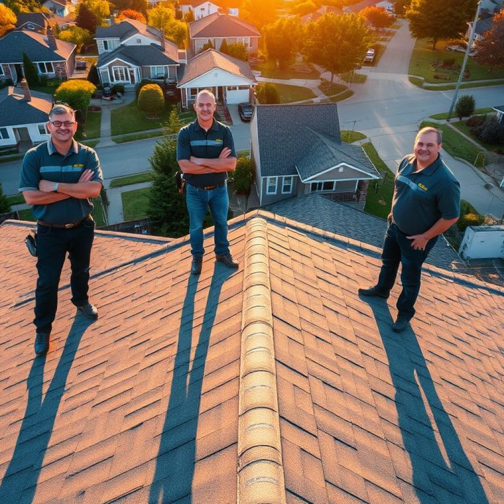 Exterior Alliance: a team of trusted roofing professionals in Columbus, Ohio, standing confidently on a residential rooftop, showcasing their expertise and commitment to quality craftsmanship. Warm afternoon sunlight casts a golden glow, highlighting the precision of their work and the well-maintained property. In the background, a picturesque suburban neighborhood sets the scene, conveying a sense of community and reliability. The image exudes a feeling of professionalism, reliability, and a dedication to providing exceptional roofing services that homeowners in Columbus can trust.