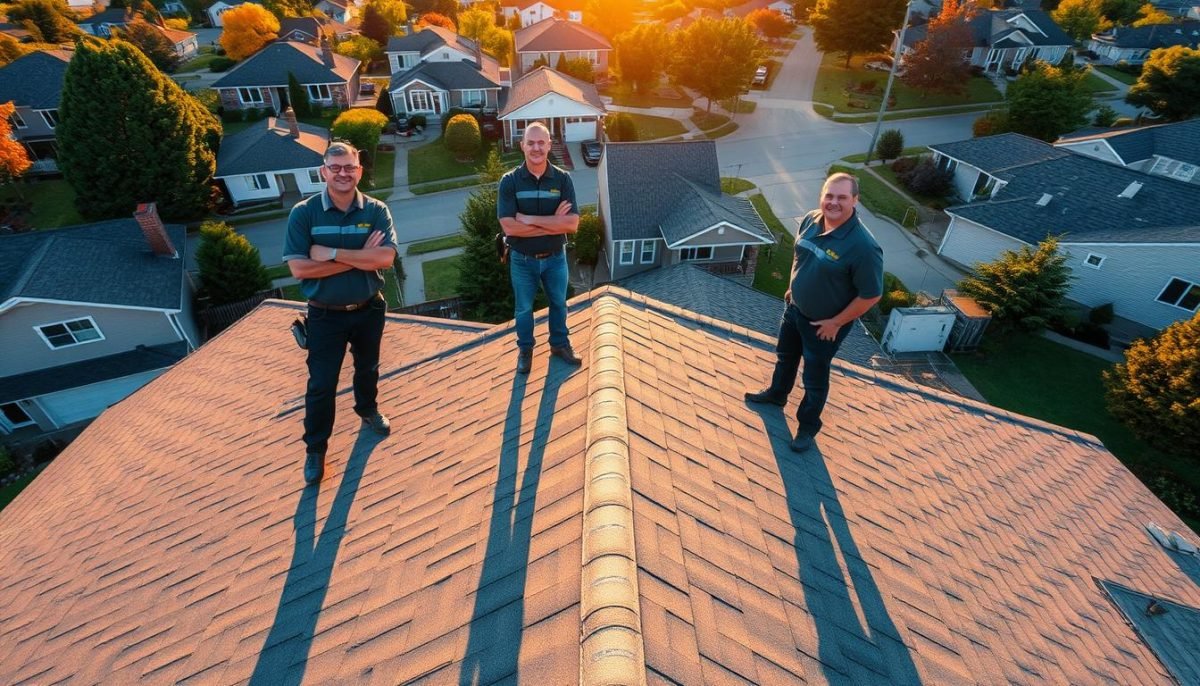 Exterior Alliance: a team of trusted roofing professionals in Columbus, Ohio, standing confidently on a residential rooftop, showcasing their expertise and commitment to quality craftsmanship. Warm afternoon sunlight casts a golden glow, highlighting the precision of their work and the well-maintained property. In the background, a picturesque suburban neighborhood sets the scene, conveying a sense of community and reliability. The image exudes a feeling of professionalism, reliability, and a dedication to providing exceptional roofing services that homeowners in Columbus can trust.