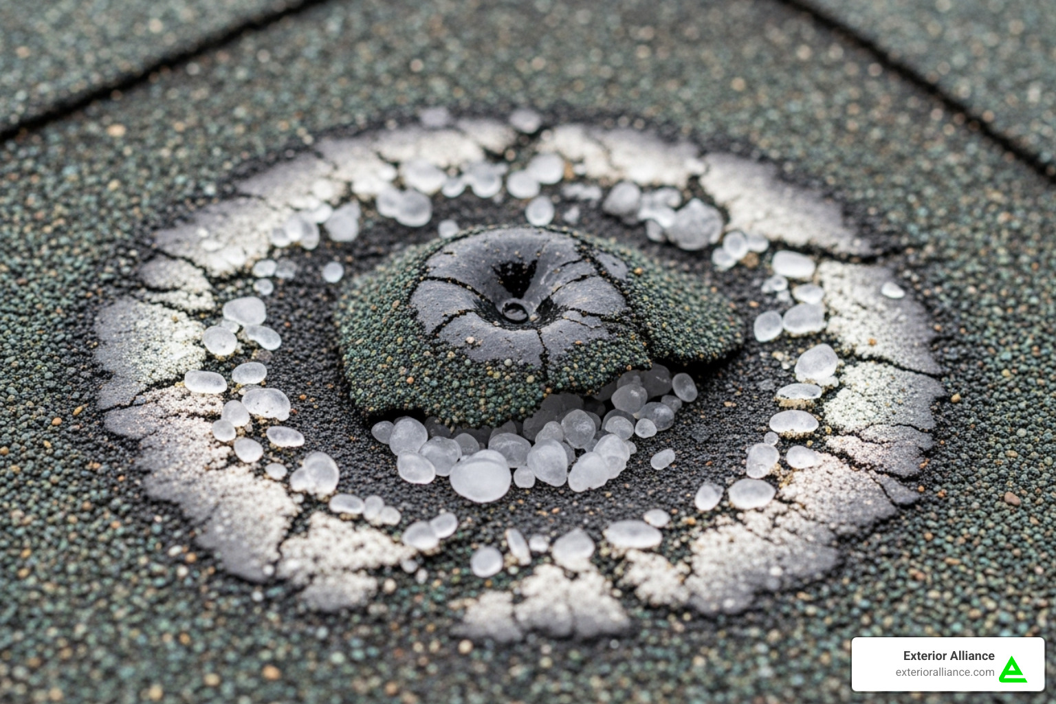 clear hail impact on a shingle, showing crushed granules and a bruised mat - roof blistering vs hail damage