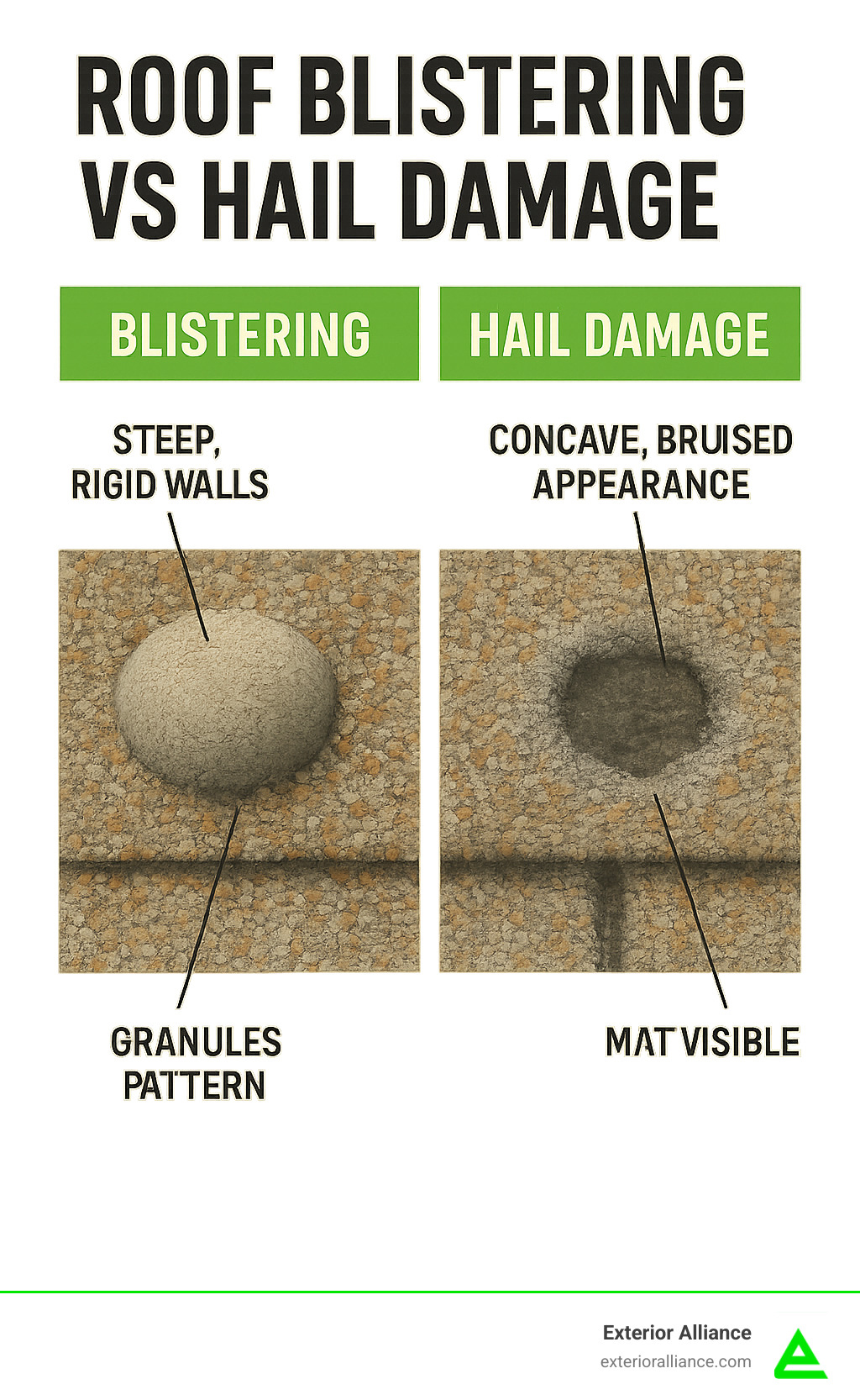 Infographic showing side-by-side comparison of a popped shingle blister versus a hail impact crater, highlighting the steep rigid walls of blisters versus the concave bruised appearance of hail damage, with labels pointing to key identifying features like granule patterns and mat visibility - roof blistering vs hail damage infographic 