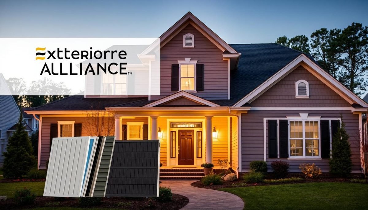 High-quality siding materials showcasing exceptional craftsmanship and attention to detail. The scene depicts an elegant, well-lit exterior featuring the Exterior Alliance brand. In the foreground, diverse siding options are prominently displayed, ranging from durable vinyl to premium fiber cement and sleek metal panels. The middle ground showcases precise installation techniques, highlighting the seamless integration of different siding types. In the background, a warm, inviting home exterior sets the stage, with thoughtful architectural elements and harmonious color palettes. The overall composition conveys a sense of quality, reliability, and the transformative power of expertly installed siding solutions for Columbus homeowners.