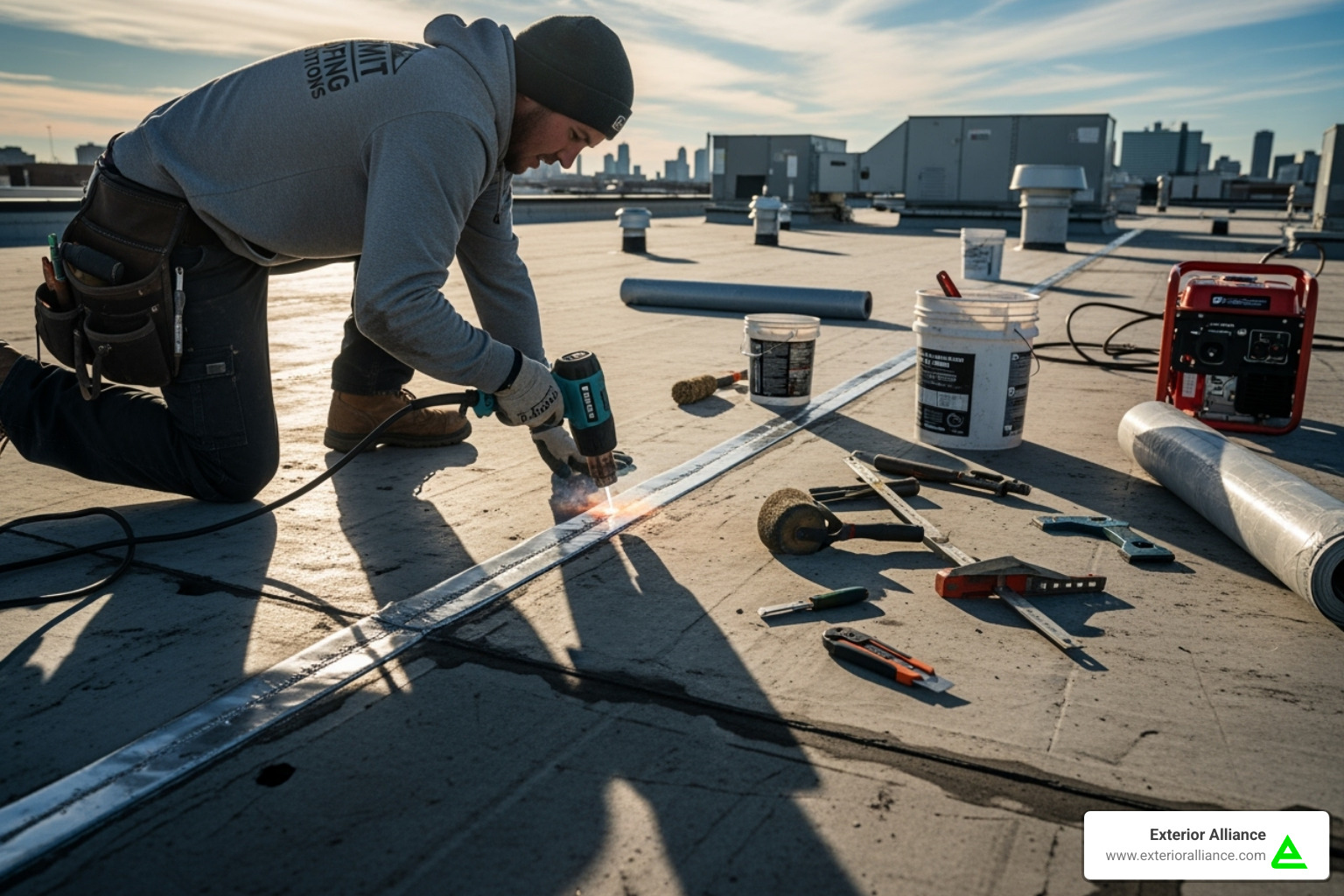 commercial roofing contractor working on a rooftop - commercial roof contractor ohio