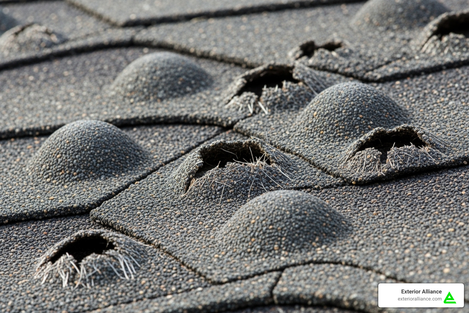 shingle blisters, showing both popped and un-popped bubbles - roof blistering vs hail damage