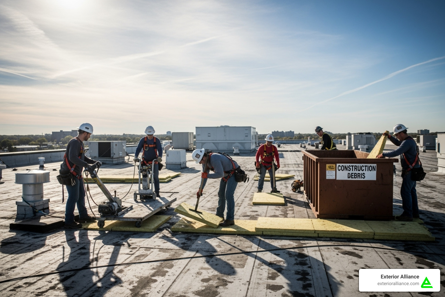 a roofing crew safely removing old roofing material from a large flat roof - Commercial roof replacement