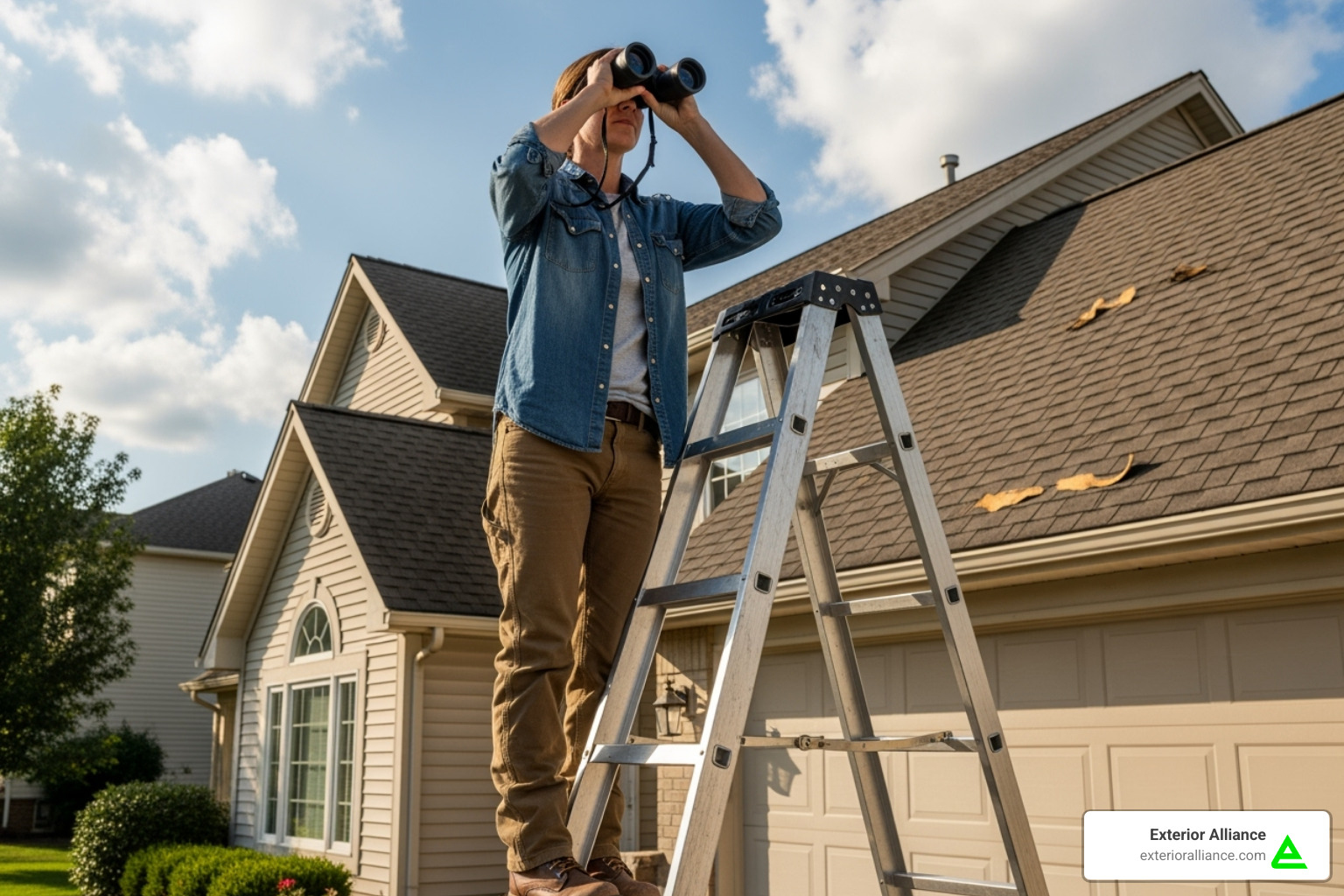 homeowner using binoculars to inspect roof - Do You Need a Roof Inspection After a Wind Advisory?