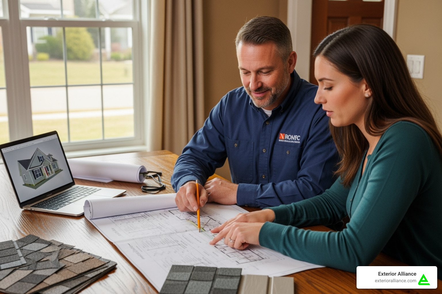 A contractor and homeowner reviewing a detailed project plan for a roofing and siding renovation on a residential home. - roofing and siding contractors columbus ohio