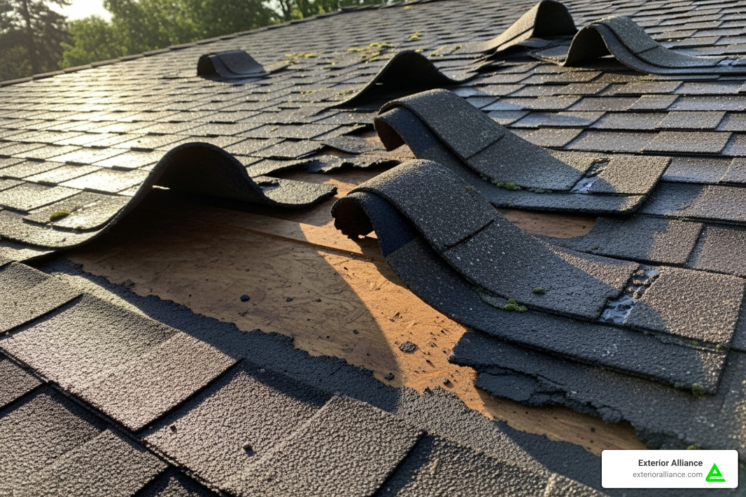 A close-up image of a residential roof showing missing and damaged shingles, indicating a clear need for repair or replacement. - roofing and siding contractors columbus ohio