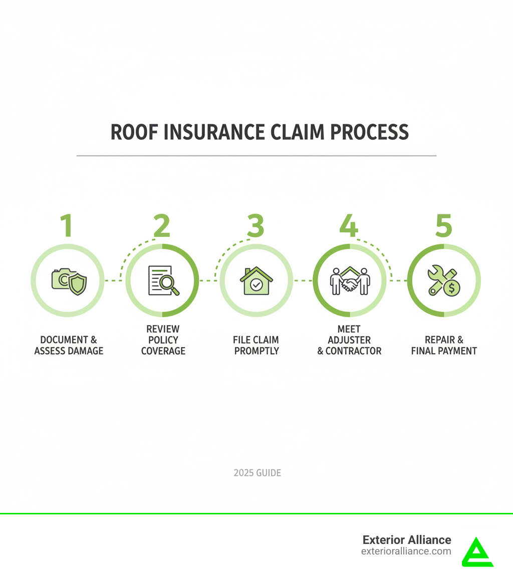 Infographic showing the 5 key steps of a roof insurance claim process: 1. Document damage with photos and safety assessment, 2. Review your policy coverage for covered perils, 3. File claim promptly with insurance company, 4. Meet with adjuster alongside your contractor, 5. Complete repairs with licensed professional and receive final payment - insurance claim roofing infographic Infographic showing the 5 key steps of a roof insurance claim process: 1. Document damage with photos and safety assessment, 2. Review your policy coverage for covered perils, 3. File claim promptly with insurance company, 4. Meet with adjuster alongside your contractor, 5. Complete repairs with licensed professional and receive final payment - insurance claim roofing infographic