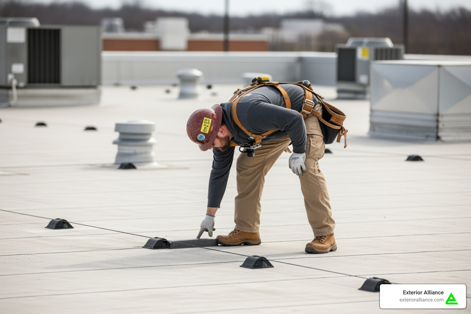 a contractor performing a routine maintenance check on a commercial roof - Commercial roof replacement