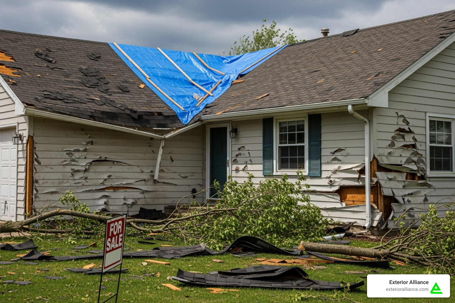 A picture of a home exterior with obvious storm damage to the roof and siding, highlighting the need for immediate repairs and insurance claims assistance. - roofing and siding contractors columbus ohio