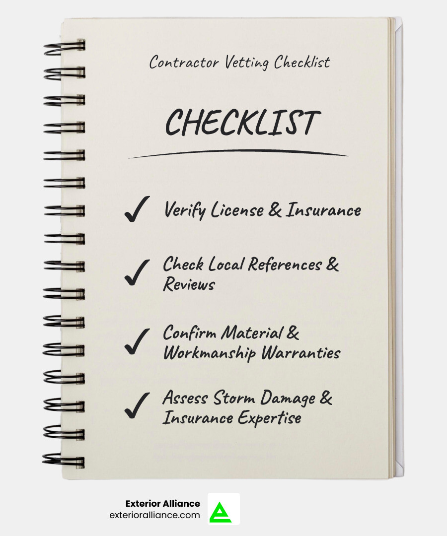 Comprehensive checklist for evaluating Columbus roofing and siding contractors including license verification, insurance confirmation, local references, material warranties, storm damage experience, and insurance claim assistance capabilities - roofing and siding contractors columbus ohio infographic checklist-notebook