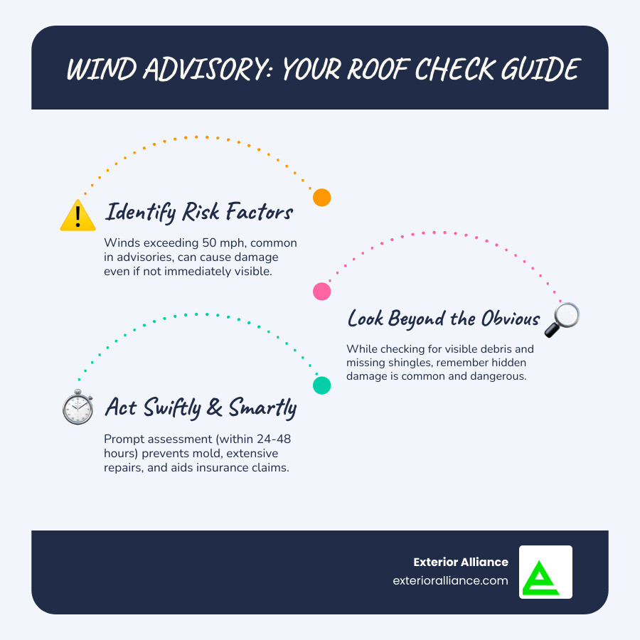 Infographic showing wind speed classifications from 25 mph light winds causing minimal damage to 75+ mph severe winds that can remove roof shingles, damage flashing, and compromise structural integrity, with specific examples of roof damage at each wind speed level - Do You Need a Roof Inspection After a Wind Advisory? infographic infographic-line-3-steps-blues-accent_colors