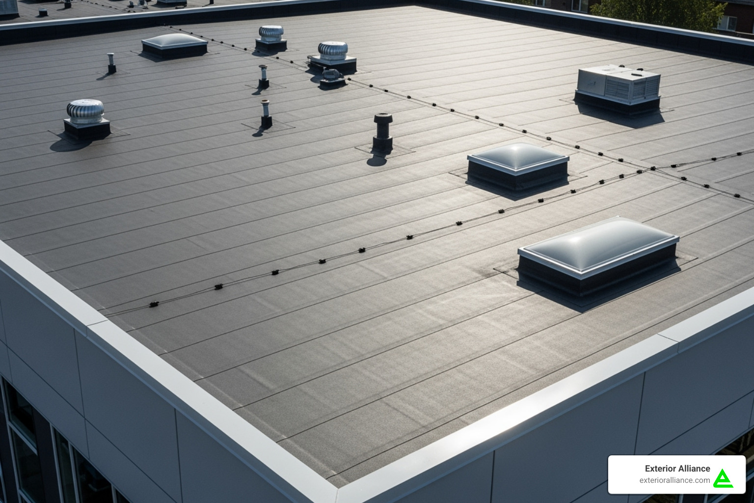 A clean, well-maintained commercial EPDM roof showing its smooth surface and general appearance - EPDM roof repair