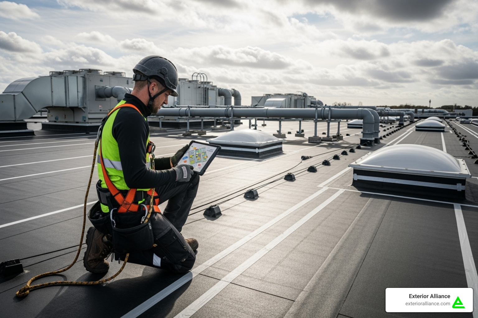 A professional roofer in safety gear inspecting a large commercial EPDM roof with a tablet, highlighting the importance of expert assessment - EPDM roof repair