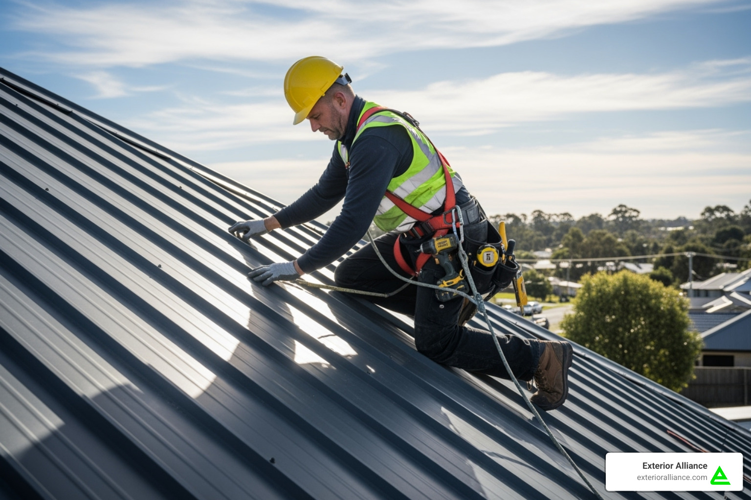 A professional roofer safely working on a steep metal roof - metal roof repair