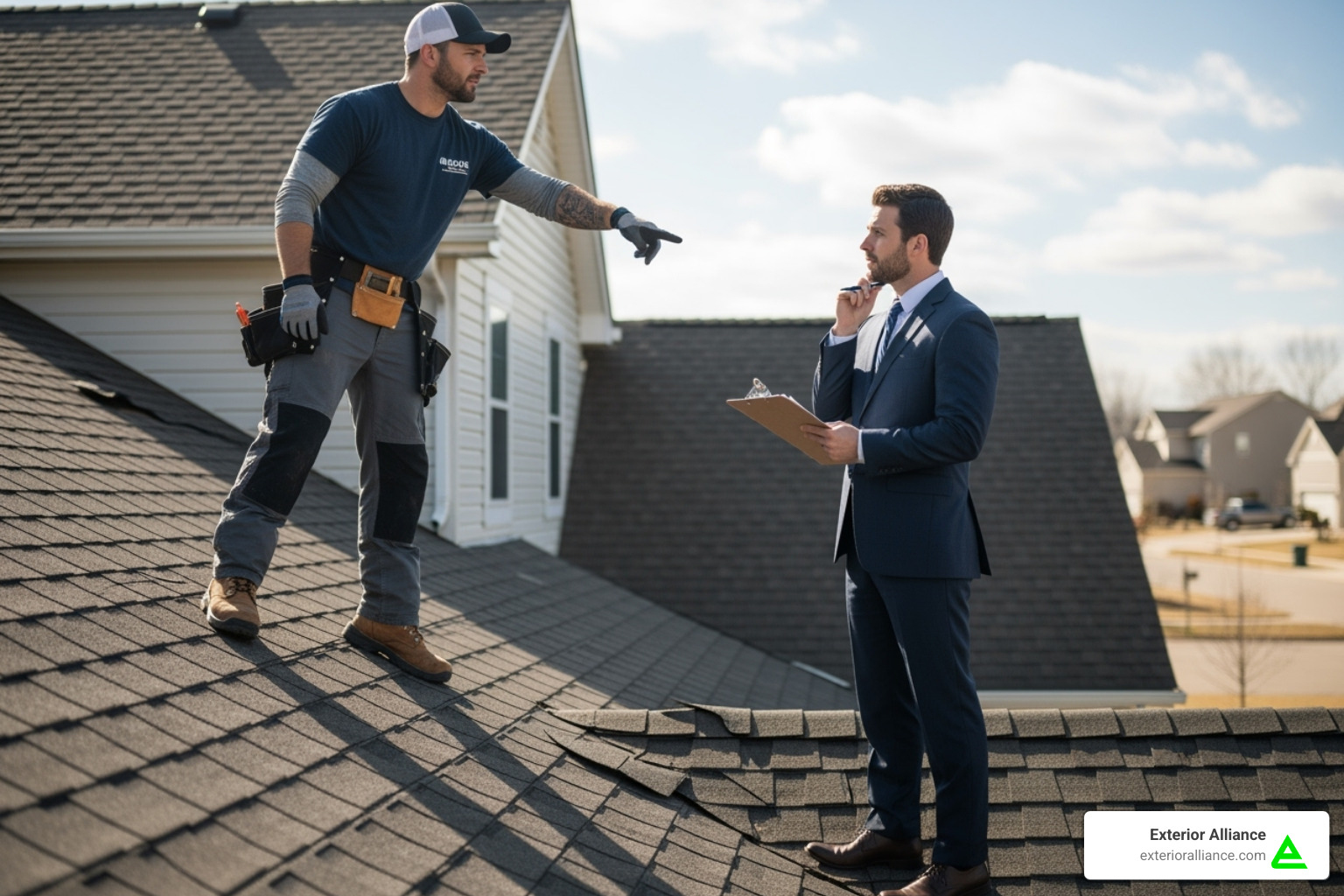 image of a roofer on a roof, pointing out damage for an insurance assessment - New Albany roof repair