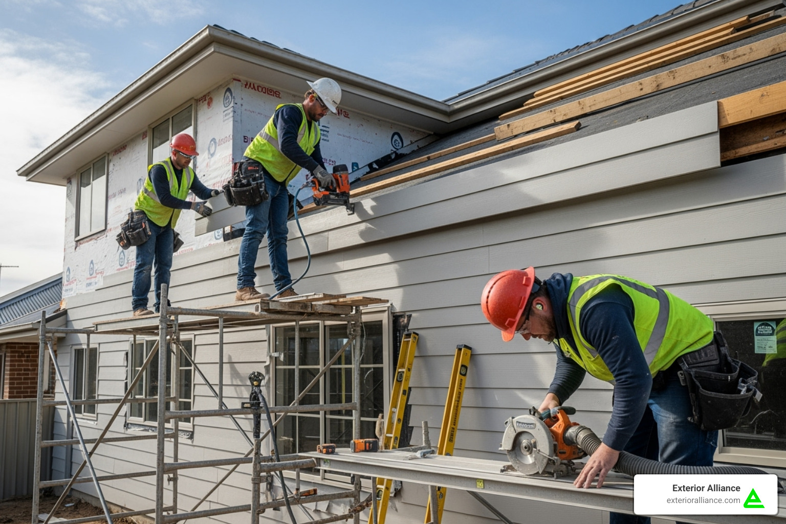 Image of Exterior Alliance team members installing James Hardie siding on a residential home with precision and care - James Hardie siding Image of Exterior Alliance team members installing James Hardie siding on a residential home with precision and care - James Hardie siding