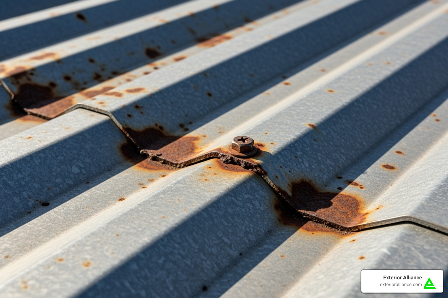 A metal roof with minor rust spots and a loose screw - metal roof repair